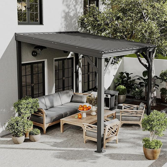 Domi 8’ x 8’ Wall-Mounted Hardtop Gazebo Pergola – Permanent Lean-to Outdoor Shelter with Sloped Galvanized Steel Roof & Upgraded Drainage – Grey Metal Patio Cover for Backyard, Deck, Garden