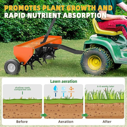 48" Lawn Aerator Tow Behind, Pull Behind Aerator with Universal Hitch, 32 Galvanized Steel Tines, Tray and Pneumatic Tires, Plug Behind Aerator is Suitable for Gardens, Lawns and Farms