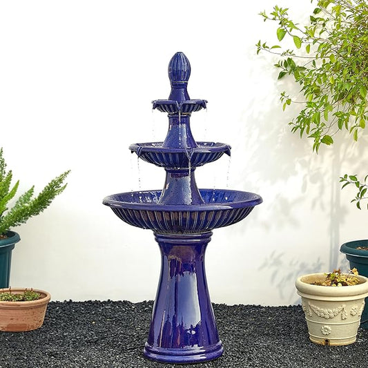 Glitzhome Outdoor Fountain and Waterfalls 3 Tier Patio Fountains, 45.25" H Ceramic Water Fountain with Pump & LED Light Garden Outdoor Floor Stand Fountains for Backyard Deck Lawn Porch, Cobalt Blue