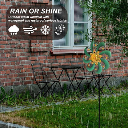 Flower Outdoor Metal Wind Spinner, Single-Layer Kinetic Garden Art with Vibrant Green Finish - Weatherproof Wind Sculpture for Lawn, Patio, Yard Decor - 10''W x 36''H