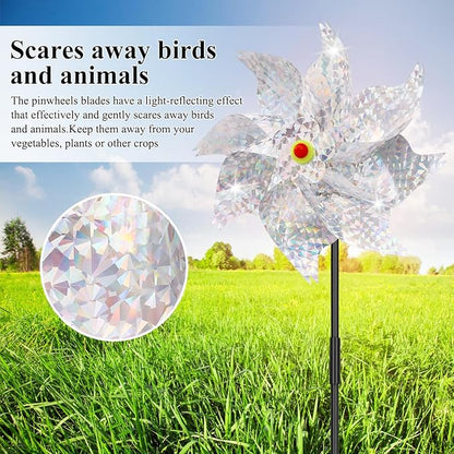 6Pcs Sparkly Pinwheels for Yard and Garden, Reflective Silver Wind Spinners Yard Decorations Outdoor Windmill, 9.5in Garden Pinwheels to Scare Birds, Silver