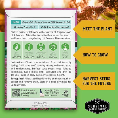 Survival Garden Seeds - Spotted Joe Pye Weed Seeds for Planting | Eutrochium maculatum | Butterfly Magnet | Perennial North American Native Wildflower - 1 Pack