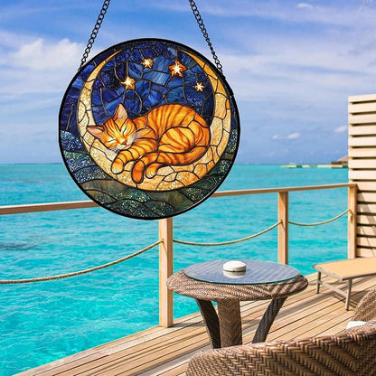 Stained Glass Window Hanging - Orange Moon Sleeping Cat Sun Catcher for Door Home Decor Blue Starry Sky Suncatcher Christmas Mother's Day Birthday Gifts for Women Men Mom Nana 9.8 in