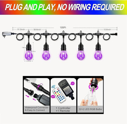 Auroraworld 105FT RGB Outdoor String Lights, Dimmable Color Changing Waterproof LED Patio Lights with Remote, 32 Shatterproof Bulbs for Backyard Garden Party Decor