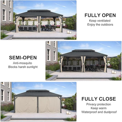 PURPLE LEAF 12' X 20' Hardtop Gazebo with Galvanized Steel Double Roof Aluminum Metal Gazebo for Patio Lawn and Garden Included Netting and Beige Curtains