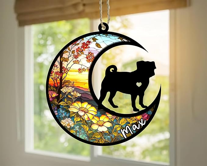 Personalized Dog Memorial, Custom Name Pug Dog Christmas Ornament with Name, Custom Breeds, Pet Loss Light Catcher, Gifts for Lovers Loss of Pet Sympathy on Mothers Day Christmas