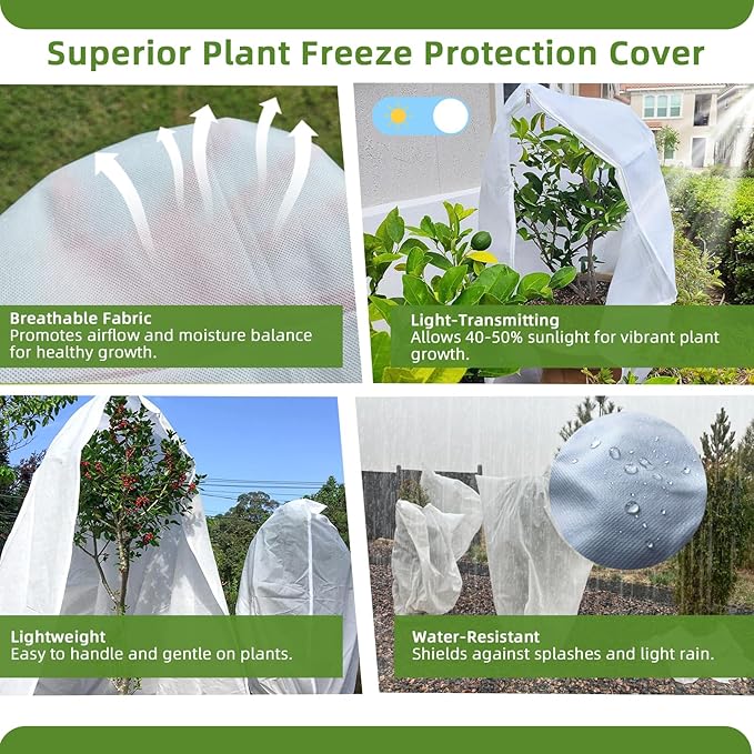 2 Pack Plant Covers Freeze Protection, 75"W x 90"H Winter Frost Blanket 2.36 oz/yd² Fabric Frost Cloth Tree Covers Shrub Jacket Bag with Zipper & Drawstring for Plants Fruit Tree Shrub Potted - White