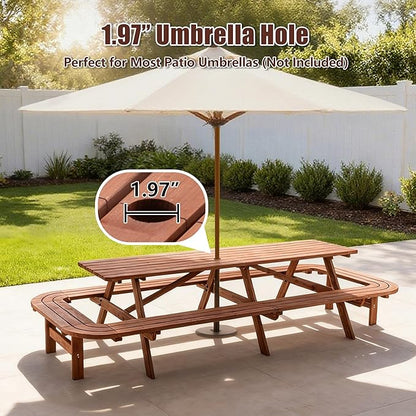 16-Person Picnic Table Set with Attached Benches & Umbrella Hole,Rectangle Brown Outdoor Wood Dining Table & Chairs for Patio Yard Garden Porch Deck