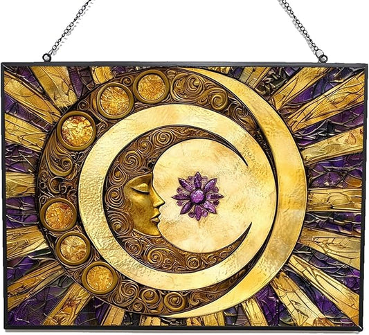 Rectangle Sun and Moon Suncatcher Indoor/Outdoor Stained Glass Window Hanging Handmade Suncatchers Home Decor Garden Christmas Party Wedding Housewarming Gifts