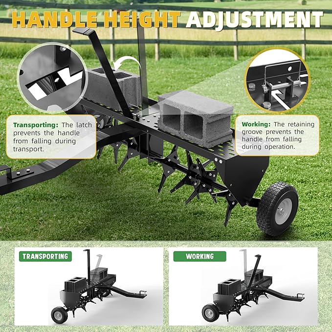48" Lawn Aerator Tow Behind, Pull Behind Aerator with Universal Hitch, 32 Galvanized Steel Tines, Tray and Pneumatic Tires, Plug Behind Aerator is Suitable for Gardens, Lawns and Farms