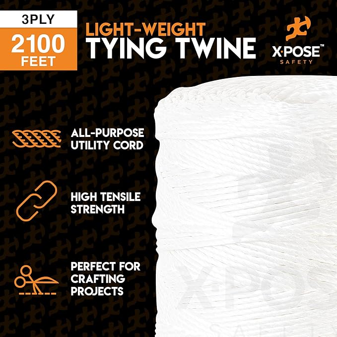 Polypropylene Tying Twine - 3 Ply White Plastic Poly String 2800' Roll - Soft On Hands - Heavy Duty Outdoor & Indoor Tie Line - Baling, Shipping & Bundling Twine, Packaging Rope 2 Pack