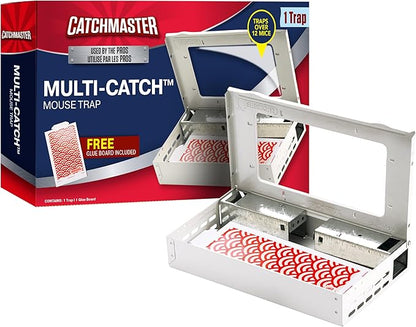 Catchmaster Multi-Catch Mouse Trap, Humane Mouse Trap Indoor for Home, Includes 1 Replaceable Glue Board, Live Catch Pest Control for Garage & Shed (White)