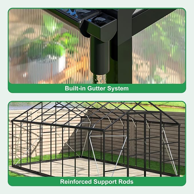 WKM 10x16 FT Greenhouse for Outdoors, Polycarbonate Greenhouse with Roof Vent and Quick Setup Structure, Enhanced Aluminum Greenhouse for Garden Backyard, Black