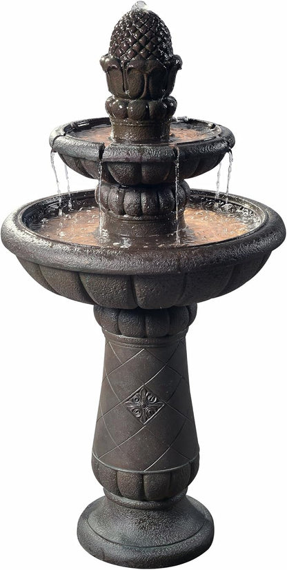 Teamson Home Deluxe Pineapple Pedestal 2 Tiered Floor Waterfall Fountain with Pump for Outdoor Patio Garden Backyard Decking, 39 Inch Height, Iron Gray