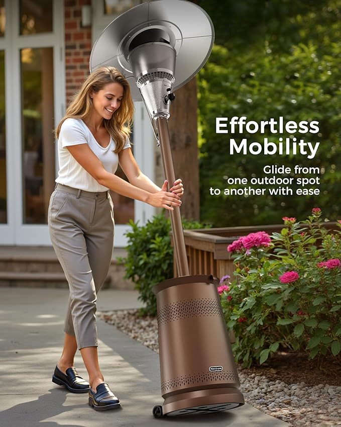 50,000 BTU Patio Heater for Outdoor Use With Adjustable Heat Focusing Top, Portable Propane Patio Heater with Wheels, Stainless Steel Burner for Porch Deck Garden (Brown)