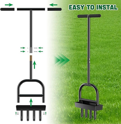 Lawn Aerator Coring Tool with Soil Core Storage Tray,4 Tine Stainless Steel Manual Garden Plug Aerator for Yard Grass,Lawn Coring Aeration for Soil Aeration,Lawn Care Cleaning,Compacted Soil(Black)