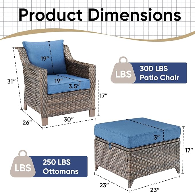 Outdoor Wicker Chair Patio Chairs-Rattan Wicker Chairs with Ottomans Patio Conversation Sets for Porch Garden Balcony Backyard Poolside-Brown/Blue