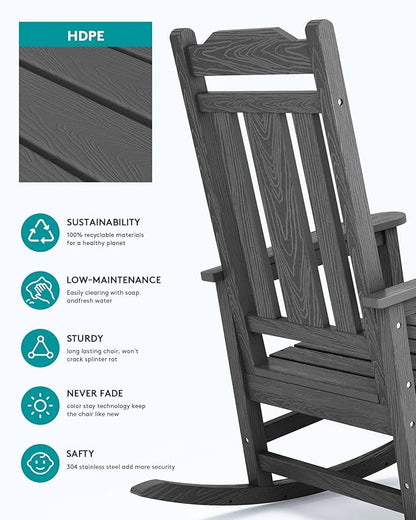 SERWALL Outdoor Rocking Chair Gray Set of 8, All Weather Patio Rocking Chair, HDPE Poly Rocking Chair for Adults, Heavy Duty Front Porch Rocker