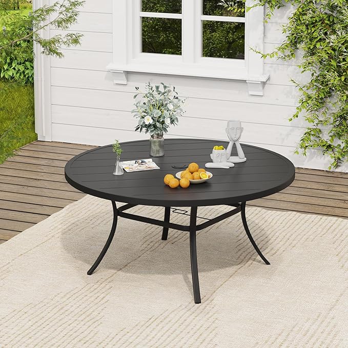 VICLLAX Outdoor Patio Round Dining Table, 53"x 53" Metal Slatted Round Tabletop with Adjustable Umbrella Hole for Deck Lawn Garden Backyard, Black