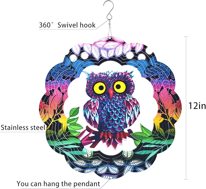 Wind Spinner Yard Art Garden Decor 3D Stainless Steel Metal Sculptures Owl Kinetic Hanging Whirligig Decorations Backyard Outside Indoor Outdoor Patio and Lawn Ornaments Clearance Sun Catcher Windmill