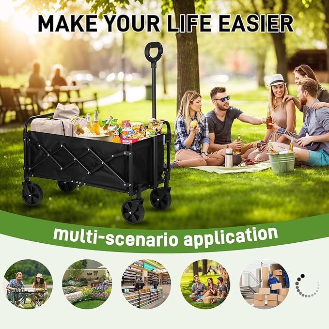 Catart Collapsible Folding Utility Wagon, 110L Large Capacity Portable Cart with Wheels, Lightweight Foldable Wagon for Camping, Gardening, Sports, Grocery Shopping, and Everyday Outdoor Use, Black