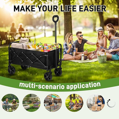 Catart Collapsible Folding Utility Wagon, 110L Large Capacity Portable Cart with Wheels, Lightweight Foldable Wagon for Camping, Gardening, Sports, Grocery Shopping, and Everyday Outdoor Use, Black