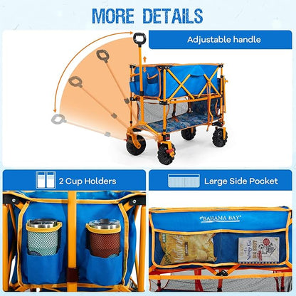 Old Bahama Bay 400L Collapsible Double Decker Beach Wagon with Brakes, Folding Beach Cart with 54" Extra Long Decker, 450LBS Heavy Duty Wagon Chart with All-Terrain Big Wheels for Sand Camping Garden