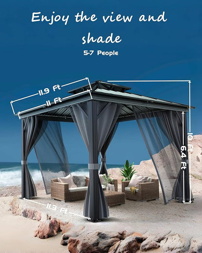 12x12 Ft Hardtop Gazebos with Heavy Duty Double Roof, Nettings and Curtains Galvanized Steel Outdoor Gazebos for Patio, Backyard, Deck, Lawn (Gray)