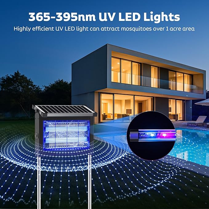 Solar Bug Zapper Outdoor, Mosquito Zapper Waterproof Electric Fly Zapper Rechargeable Mosquito Killer Lamp with 10W Solar Panel, 4500V Cordless Fly Trap for Backyard, Patio, Garden, RV, Camping