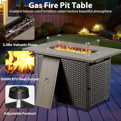 4 Piece Wicker Patio Furniture with Fire Pit Table - Outdoor Conversation Set with 50,000 BTU Fire Pit, All Weather Rattan Patio Set for Deck Backyard Garden - Brown Wicker Beige Cushion