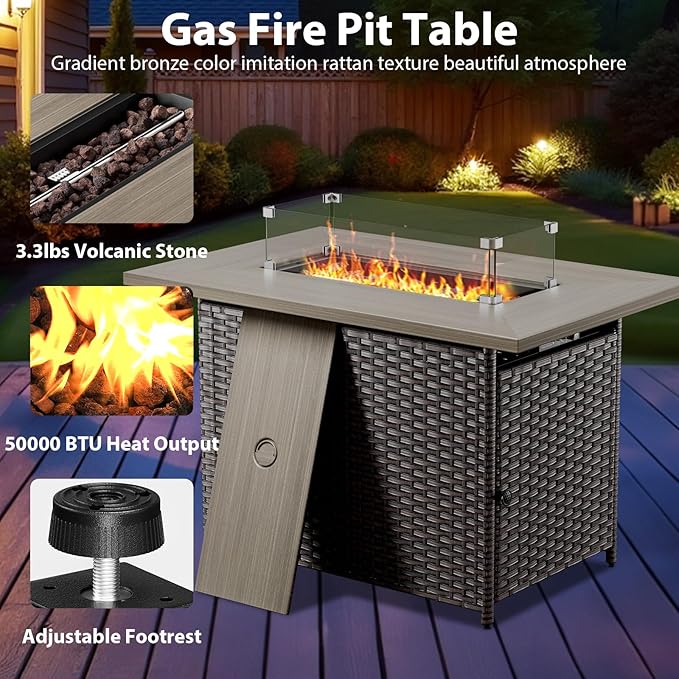 7 Piece Wicker Patio Furniture with Fire Pit Table - Outdoor Conversation Set with 50,000 BTU Fire Pit, All Weather Rattan Patio Set for Deck Backyard Garden - Brown Wicker Blue Cushion