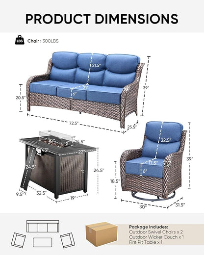 HUMMUH 4 Pieces Patio Furniture Set with Fire Pit High Back Outdoor Furniture Set 6-inch Cushions Wicker Patio Swivel Rocker Chairs for Balcony Garden,Lawn,Deck
