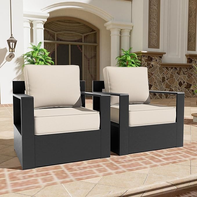 Aluminum Patio Chair - Outdoor Chair with 6" Thick Water-insistant Cushions, All-Weather Use Frame, Removable Cover, Ideal for Garden, Poolside (Beige)