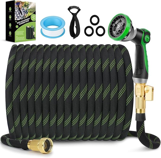 Non-Expandable Garden Hose 100 ft, Ultra Lightweight & Flexible Water Hose With 10-Pattern Spray Nozzle, Full Length Leak-Proof Design, High-Density Fabric & Shut-Off Valve, Hose Straps