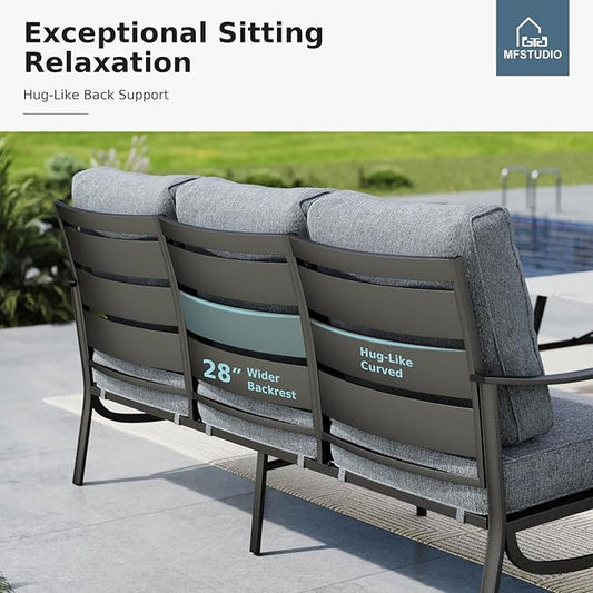 MFSTUDIO 4 Pieces Patio Conversation Sets(5 Seat),Outdoor Metal Furniture Sofas with 1 Loveseat(3 Seat), 2 Swivel Chairs,1 Coffee Table,Wrought Iron with Grey Cushion for Patio Courtyard Balcony