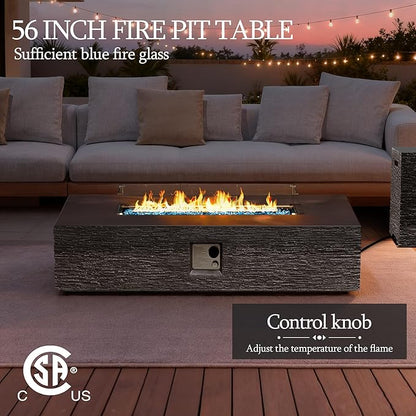 UPHA 56-inch Outdoor Propane Gas Fire Pit Table 50000 BTU Concrete Rectangle FirePit for Outside Patio with Propane Tank Cover, Wind Guad, Blue Glass Rocks, Rain Cover, Grey Horizontal Stripe