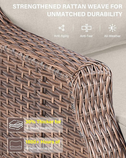 Belord Wicker Patio Furniture Set with 41” Fire Pit Table - Swivel Rocker Glider Outdoor Chairs with Sofa and Glass Top Side Table, All-Weather Removable 6" Beige Seat Cushion for Warm Patio Evenings