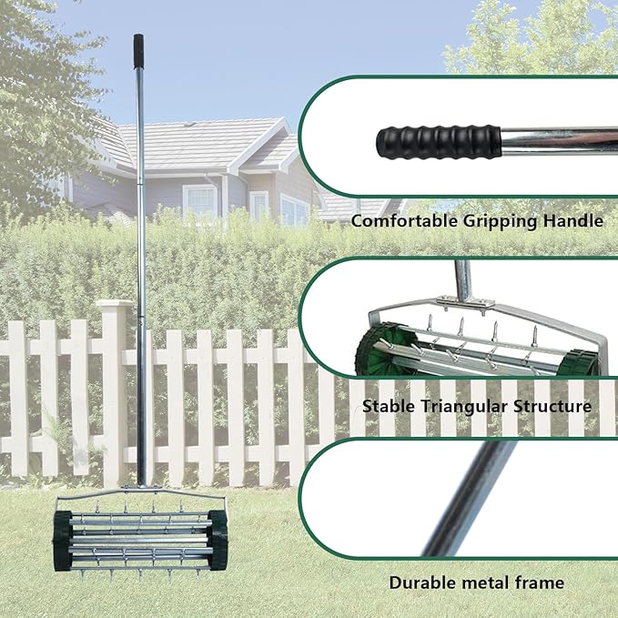 16-Inch Heavy Duty Rolling Lawn Aerator With Sharp Spikes & Anti-Slip Handle - Push Aerator for Garden, Yard - Manual Tool