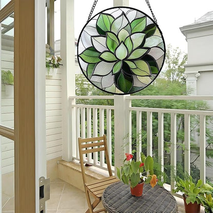 Stained Glass Window Hanging - Green Succulent Plants Suncatcher for Doors Garden Patio Floral Sun Catchers Decor Christmas Mother's Day Birthday Gifts for Women Men Mom Nana Friend 7.8 in