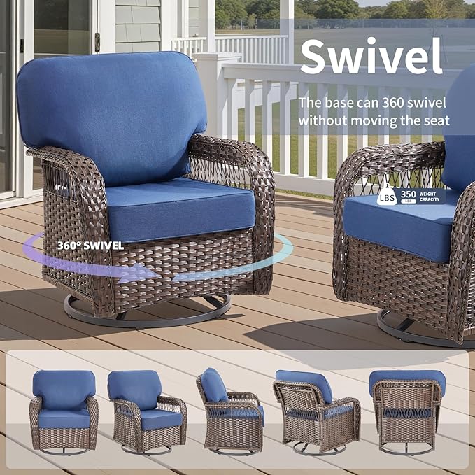 Patio Furniture Sets, 6 Pieces Wicker Outdoor Furniture with Patio Sidetables - 360 Degree Swivel Rocking Chairs and Rattan Side Table for Garden, Porch, Backyard, Blue/Brown Wicker
