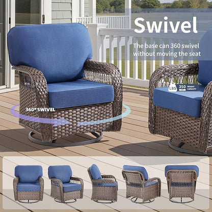 Patio Furniture Sets, 6 Pieces Wicker Outdoor Furniture with Patio Sidetables - 360 Degree Swivel Rocking Chairs and Rattan Side Table for Garden, Porch, Backyard, Blue/Brown Wicker