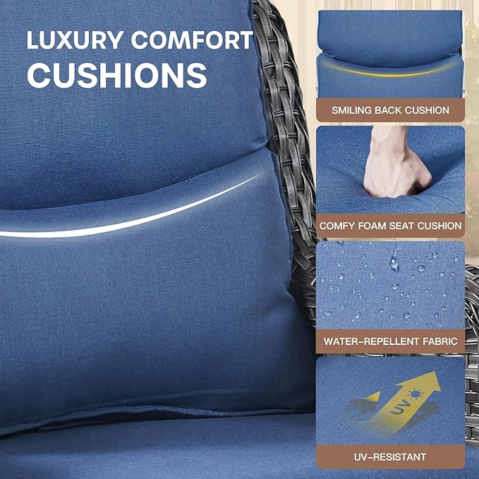 Patio Swivel Chairs with Smile-Shaped Cushions, 3 Piece High Back Patio Swivel Glider Chairs with Side Table 3PCS PE Rattan Luxury Swivel Patio Chair Set | Grey Wicker - Blue Cushions