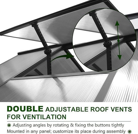 MUPATER 8 x 14 FT Heavy Duty Greenhouse, Polycarbonate Green House Kit with Aluminum Frame, Walk-in Greenhouse with Lockable Door and Ajustable Roof Vent for Backyard, Outdoors, Grey