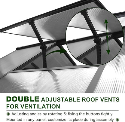 MUPATER 6 x 12 FT Outdoor Greenhouse, Polycarbonate Greenhouse with Aluminum Frame, Walk in Green House Plastic Kit Heavy Duty, W/ Lockable Door and Ajustable Roof Vent for Backyard, Garden, Grey