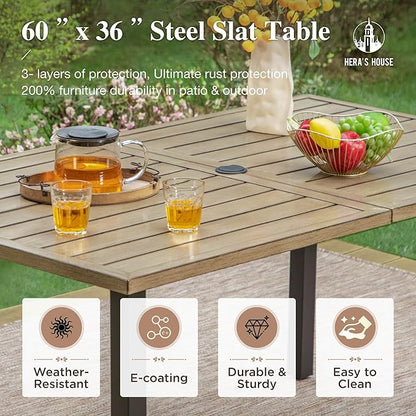 HERA'S HOUSE 7 Pieces Patio Dining Set, 6 x Outdoor Rattan Armchair with Beige Removable Cushions,1 x Rectangular Metal Dining Table with Wood-Look Finish for Patio, Lawn, Garden, or Porch