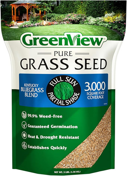 GreenView Pure Grass Seed Kentucky Bluegrass Blend, 3 lb. Bag – Covers up to 3,000 sq. ft.