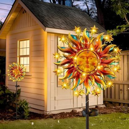 Solar Wind Spinner Metal Sun Decor, Wind Sculptures & Spinners 60.3 in Garden Kinetic Art with Solar Powered Vine String Shining LED Lights for Outdoor Garden Lawn Yard