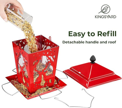 Kingsyard Metal Bird Feeder for Outdoor Hanging - Unique Design Wild Bird Hopper Feeder with 4 Perches and Rainproof Roof, Red