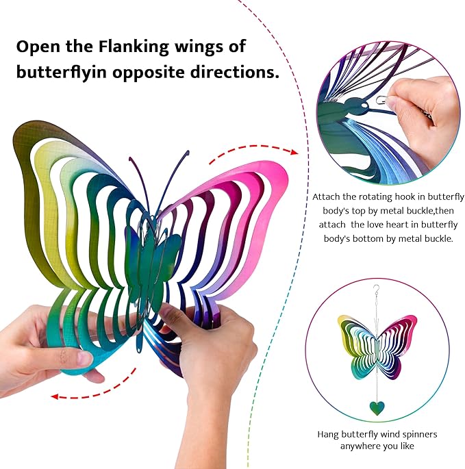 Rainbow Butterfly Bird Deterrents for Outside,Reflective Wind Spinner Gifts for Women Mom,3D Wind Chimes for Outside,Metal Pinwheels Bird Scare Devices for Garden Decor,Patio,Yard Decor,Hanging Decor