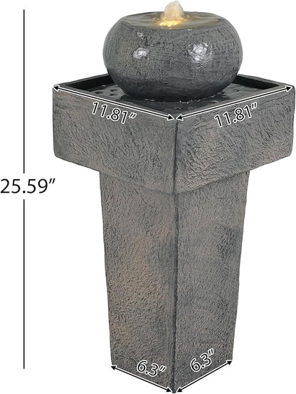 Merax 25.59" H Minimalist Concrete Column Fountain–LED-Lit Modern Outdoor Oasis, Durable Landscape Feature for Patio, Porch